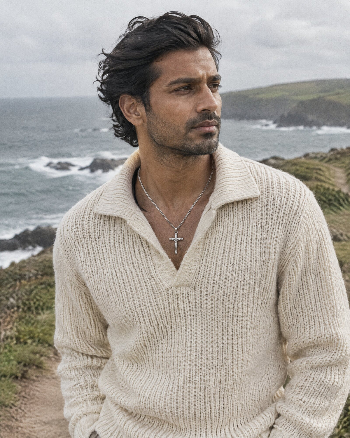 Man wearing the Jesus Cross (Silver) pendant
