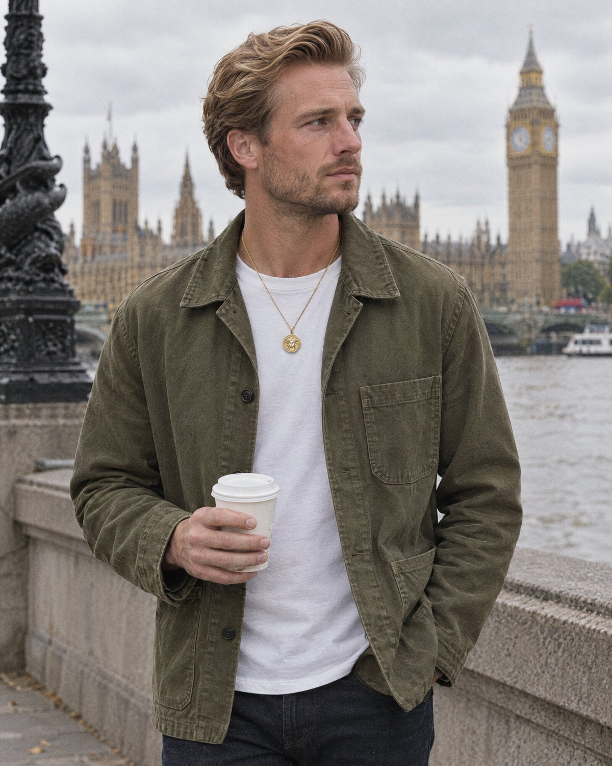 Man wearing the Medusa (Gold) pendant